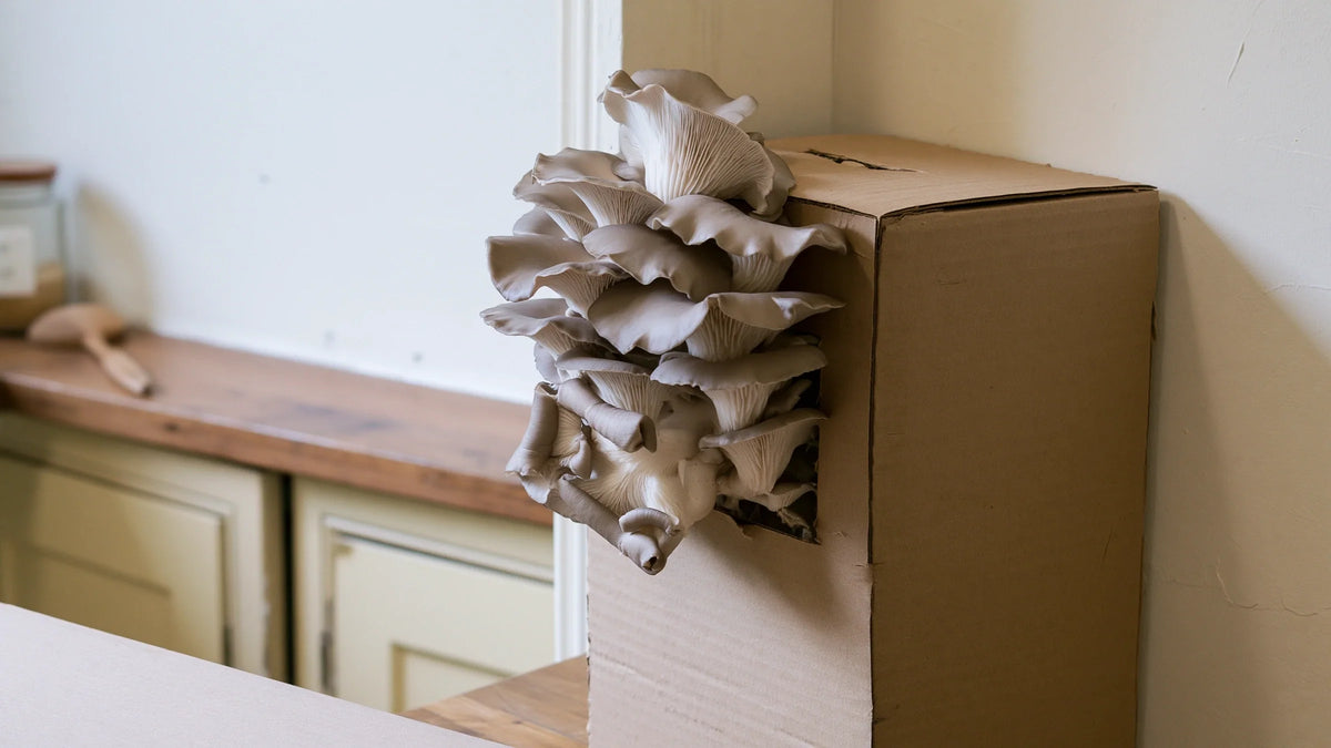 Touffe de pleurotes sortant de l'ouverture d'un carton de culture posé sur le plan de travail d'une cuisine ordinaire.