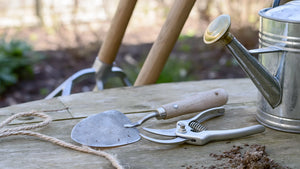 Outils de jardin sur une table en bois, transplantoir en acier forgé à soie rivetée dans un manche en frêne, sécateur à lame franche ouvert, arrosoir en zinc à pomme de laiton et manches d'une grelinette