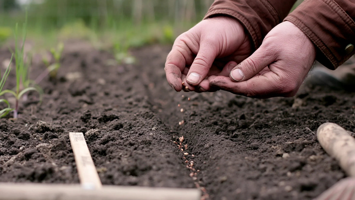 Mains semant de petites graines en ligne dans un sillon de terre fine au potager