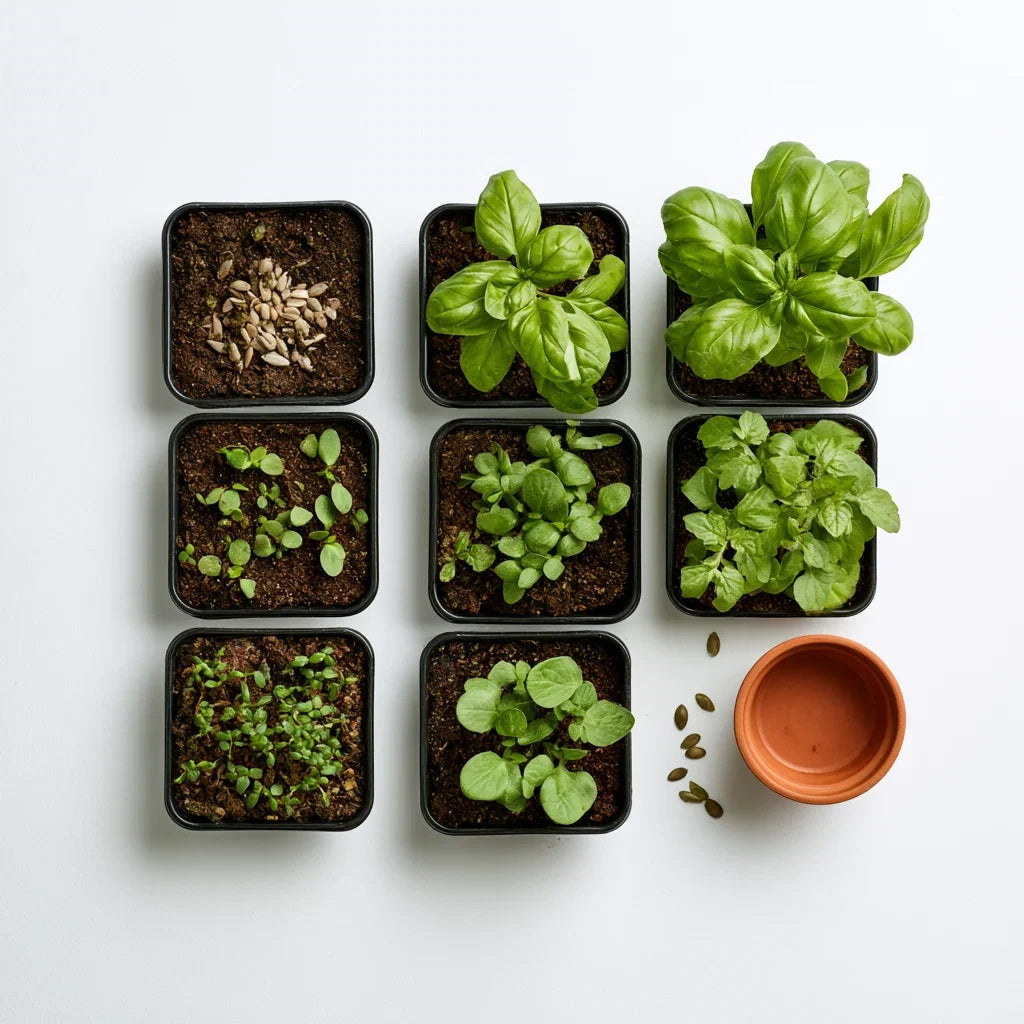 Semis toute l'année : godets de jeunes plants, basilic et graines de courge sur fond blanc, graines reproductibles SemiSauvage
