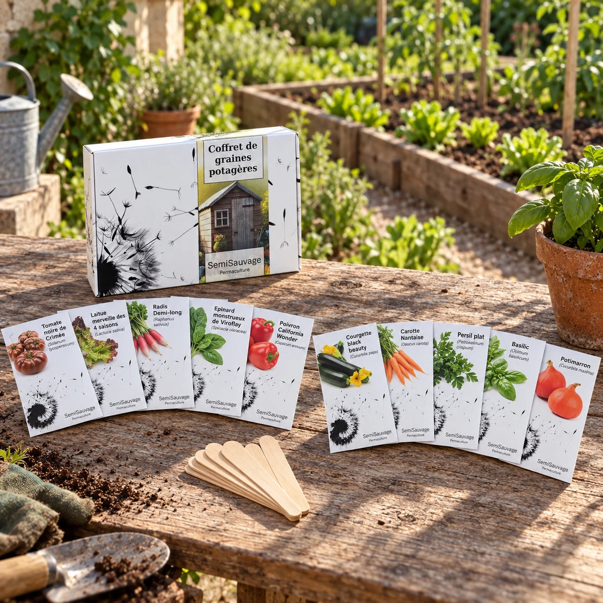 Coffret de graines potagères SemiSauvage et ses dix sachets sur une table près d’un potager.