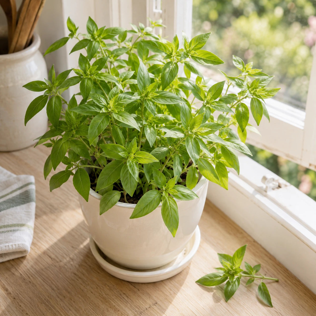 キッチンの窓の近くに置かれた陶器の鉢植えのレモンバジル。