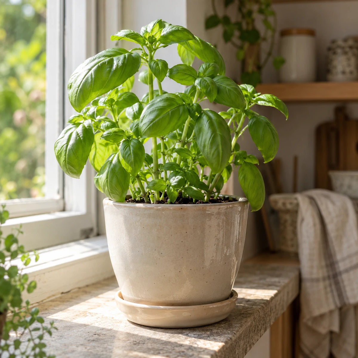 Basilic dans un pot en céramique crème près d’une fenêtre lumineuse de cuisine.