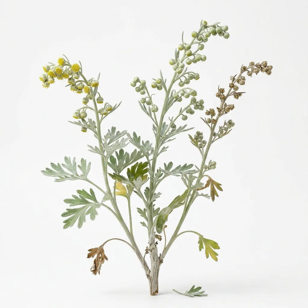 Plante entière d'absinthe (Artemisia absinthium) au feuillage argenté sur fond blanc — SemiSauvage