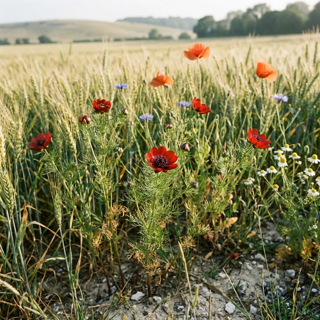 Adonis d'été (Adonis aestivalis) messicole en lisière d'un champ de blé — SemiSauvage