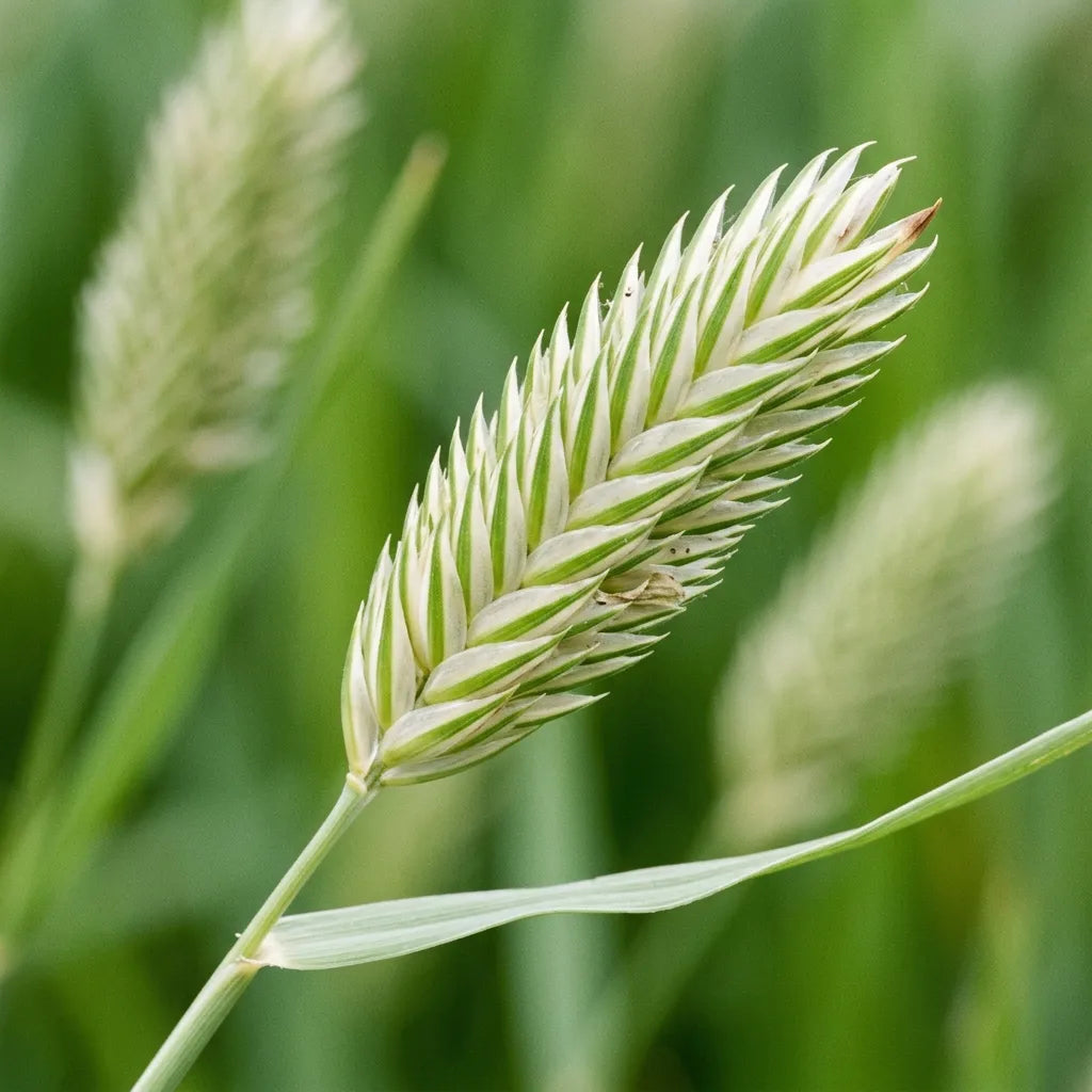 加那利草(Phalaris canariensis)绿色穗子的微距图:乳白色鳞片交错排列,带有绿色翼状中脉,完全没有刚毛 — SemiSauvage