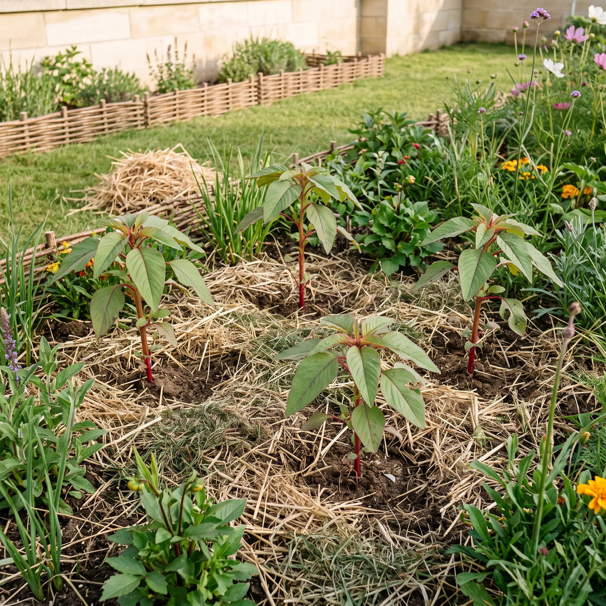 Jeunes plants d'amarante repiqués en fond de massif sur sol paillé