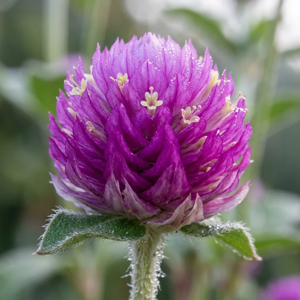 Capitule d'amarantine, bractées papyracées et minuscules fleurs blanches, macro — SemiSauvage