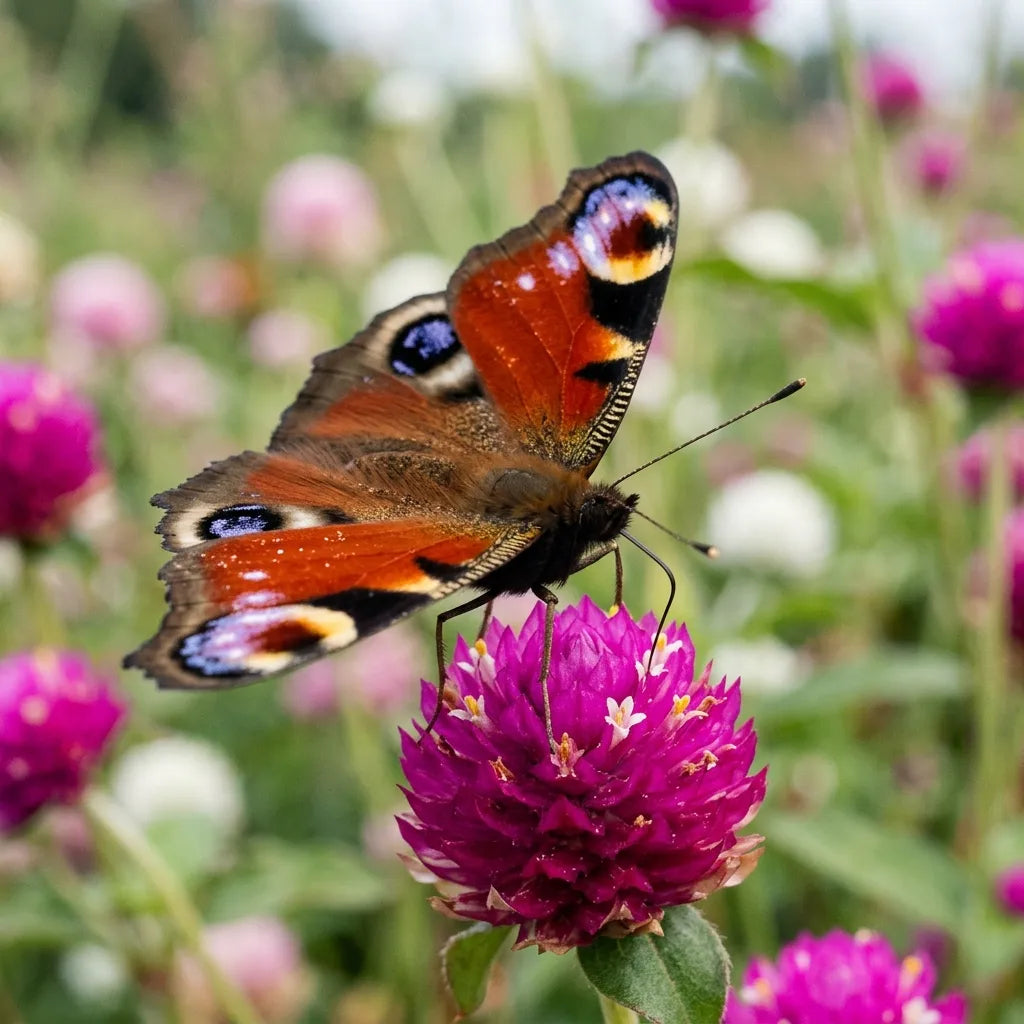 Papillon paon-du-jour butinant un pompon d'amarantine — SemiSauvage