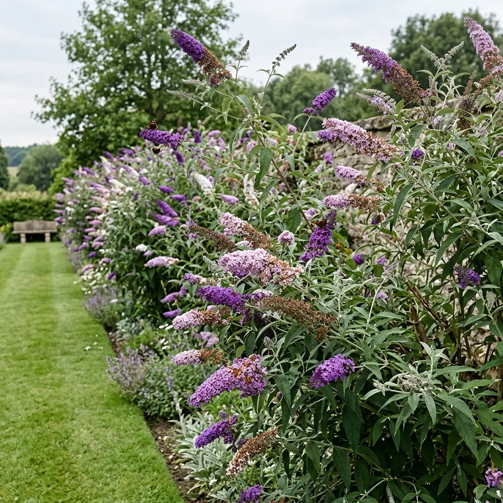Haie fleurie de buddléias aux coloris mêlés en écran de jardin — SemiSauvage
