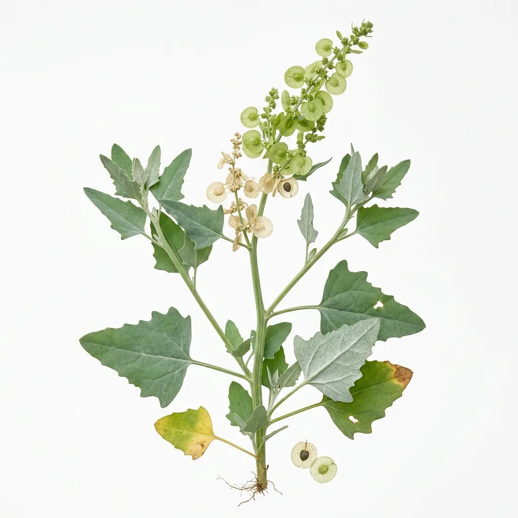 Plante entière d'arroche verte (Atriplex hortensis) et ses fruits en disques papyracés, sur fond blanc — SemiSauvage