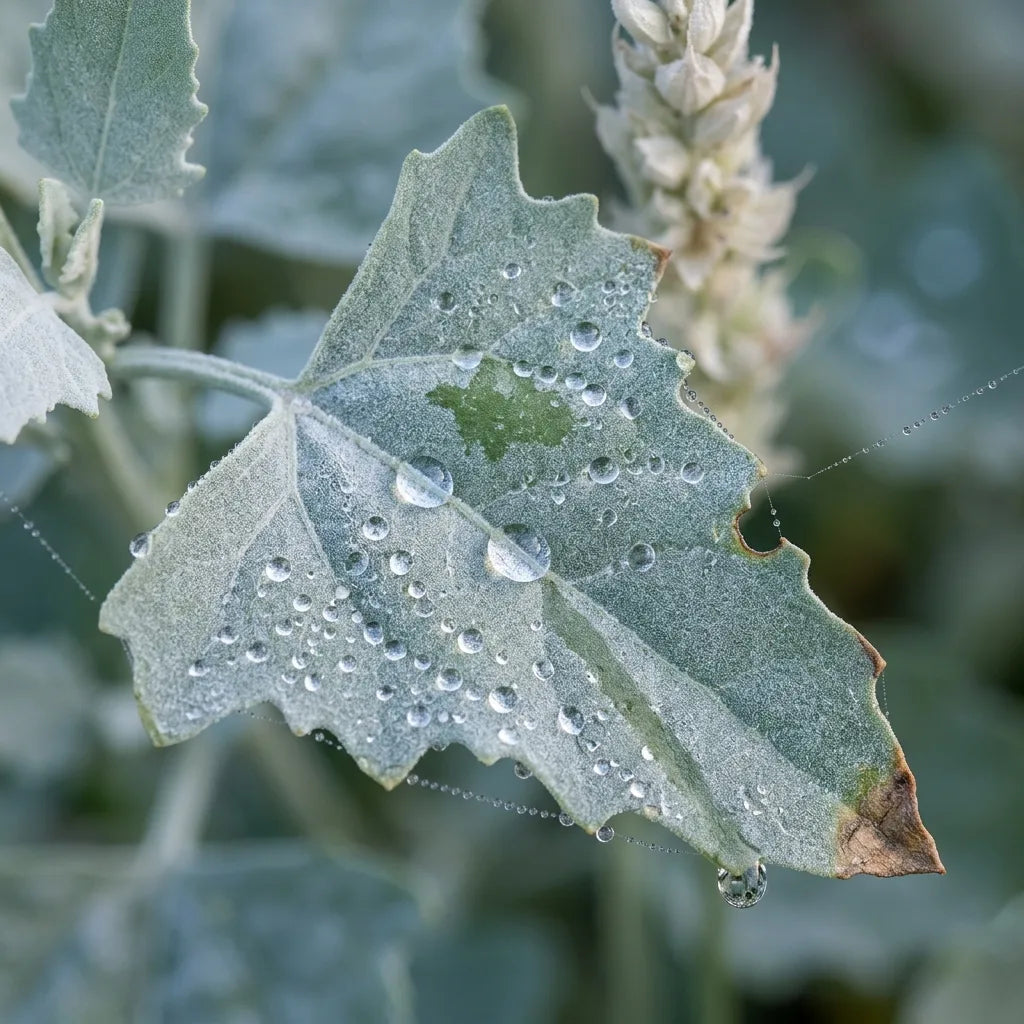Macro d'une feuille hastée d'arroche farineuse, couverte de rosée — SemiSauvage