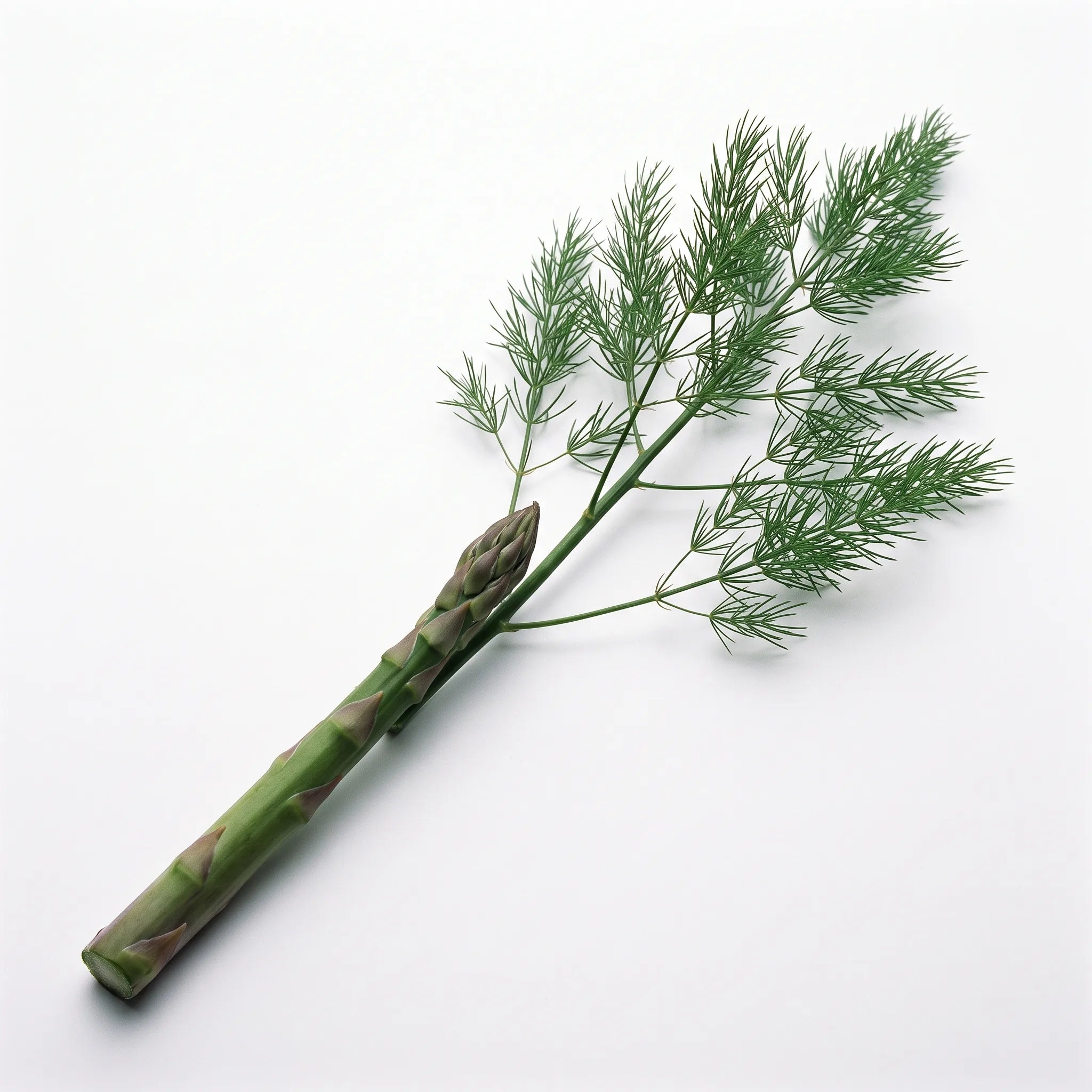 Tige d'asperge verte (Asparagus officinalis) du turion au feuillage plumeux, fond blanc — graines reproductibles SemiSauvage