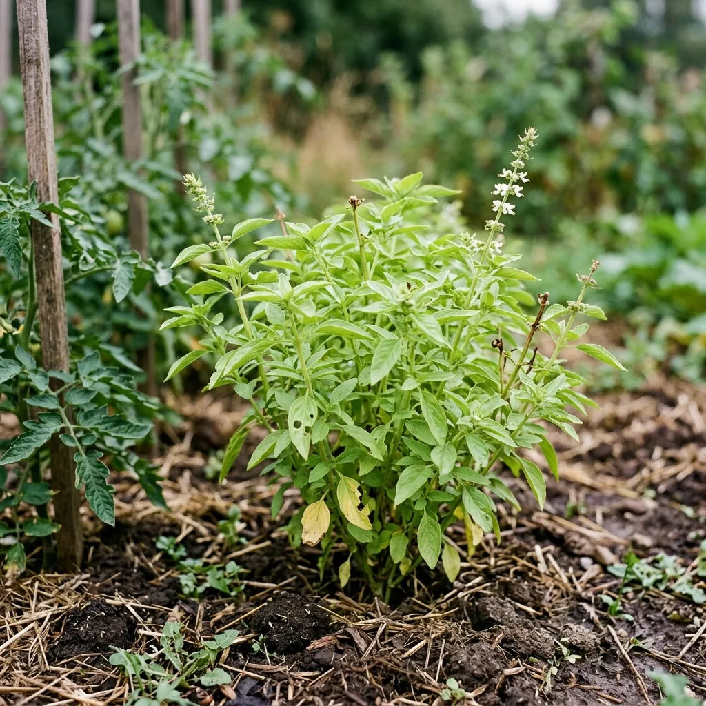 菜園のトマトのそばに茂るレモンバジル — SemiSauvage