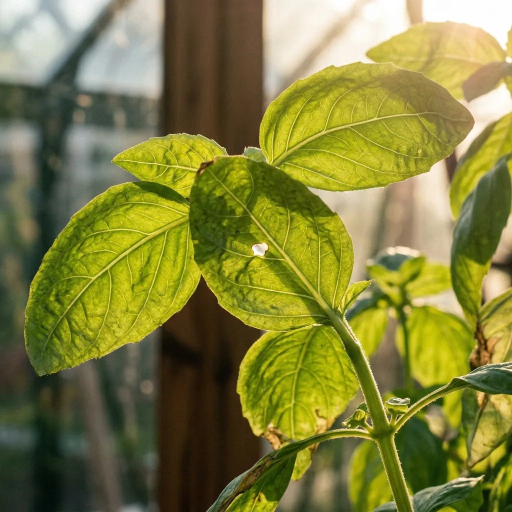温室中逆光下半透明的罗勒叶片,叶脉清晰可见