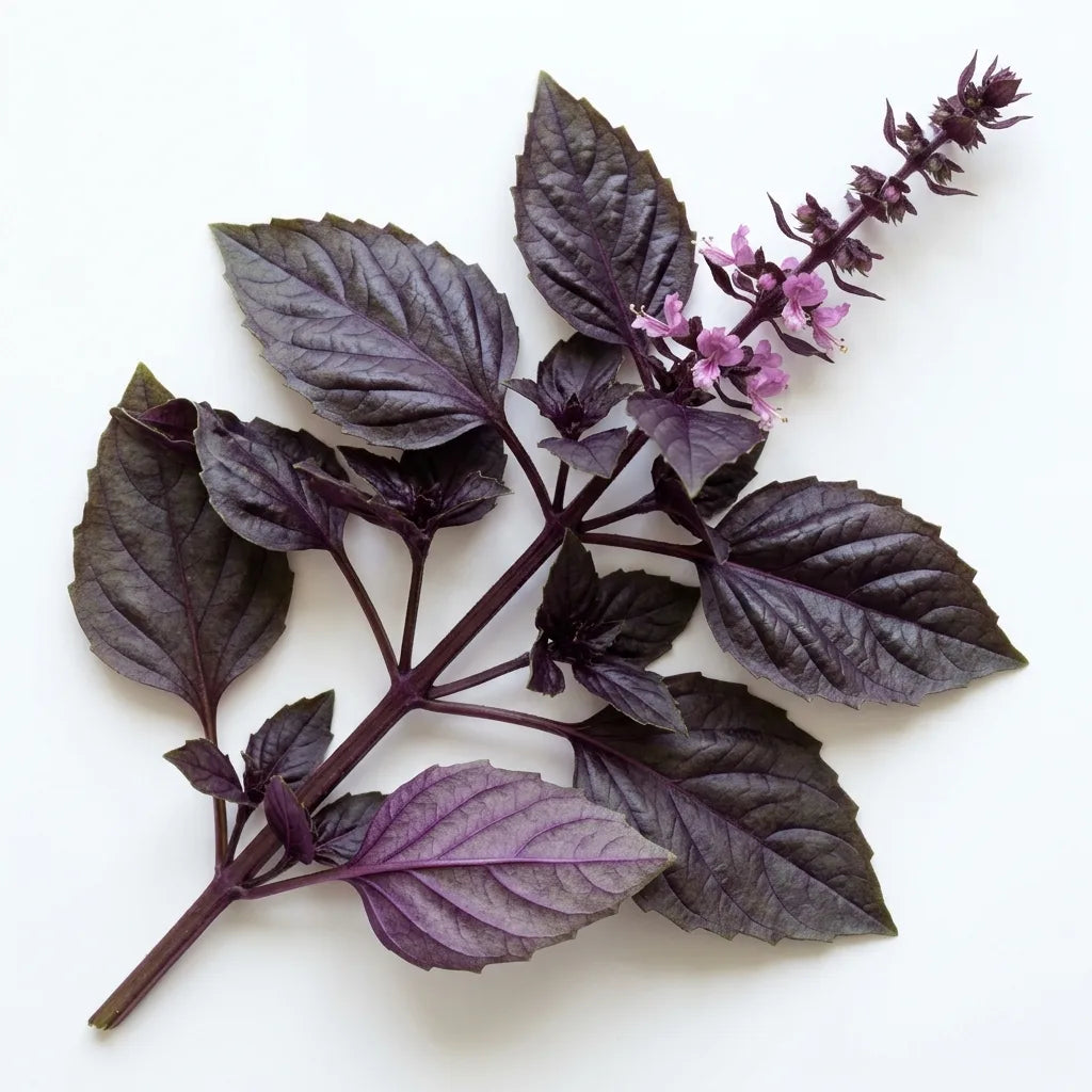 Brin de Basilic pourpre (Ocimum basilicum Purpurascens), feuilles gaufrées et épi rose, sur fond blanc — SemiSauvage