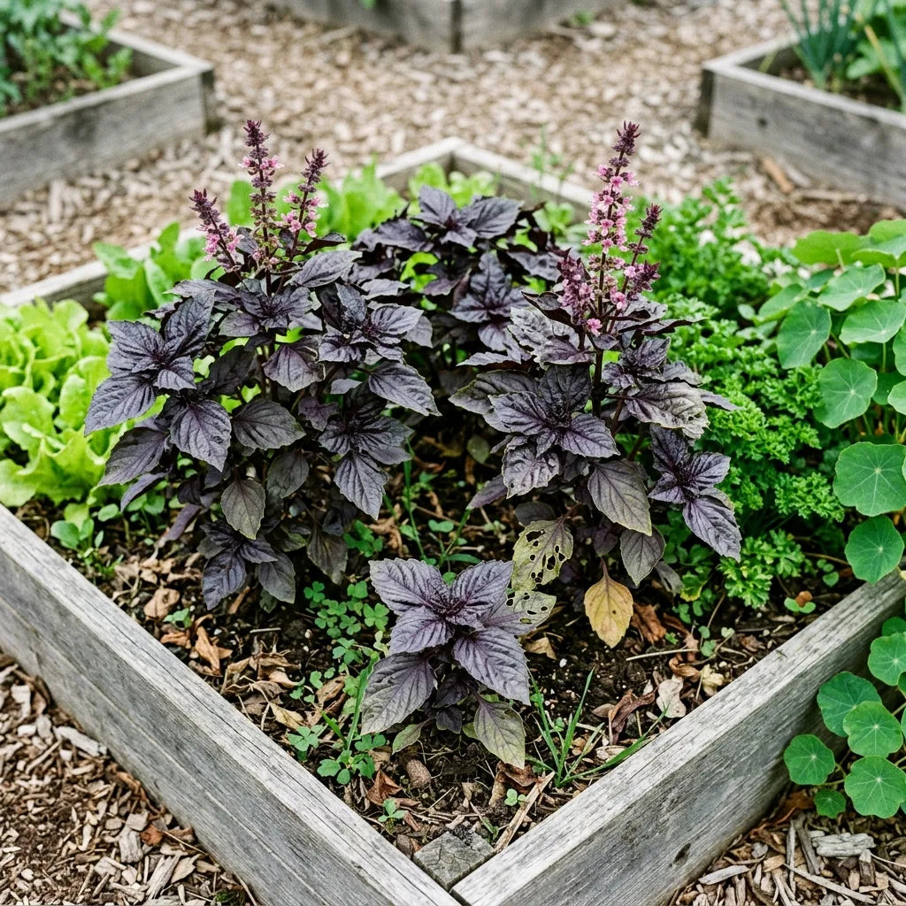 Basilic pourpre dans un potager en carrés, contraste avec les feuillages verts — SemiSauvage
