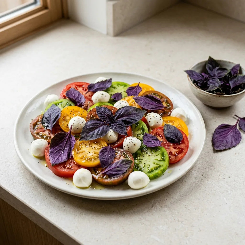 Salade de tomates anciennes rehaussée de feuilles de basilic pourpre — SemiSauvage