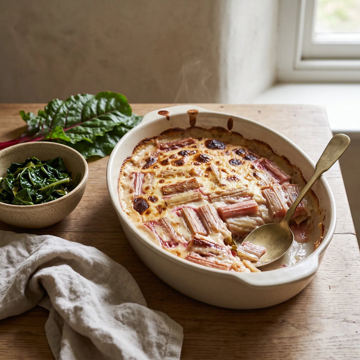Gratin de cotes de bette a carde a la bechamel dans un plat de ceramique mate, vert saute a cote
