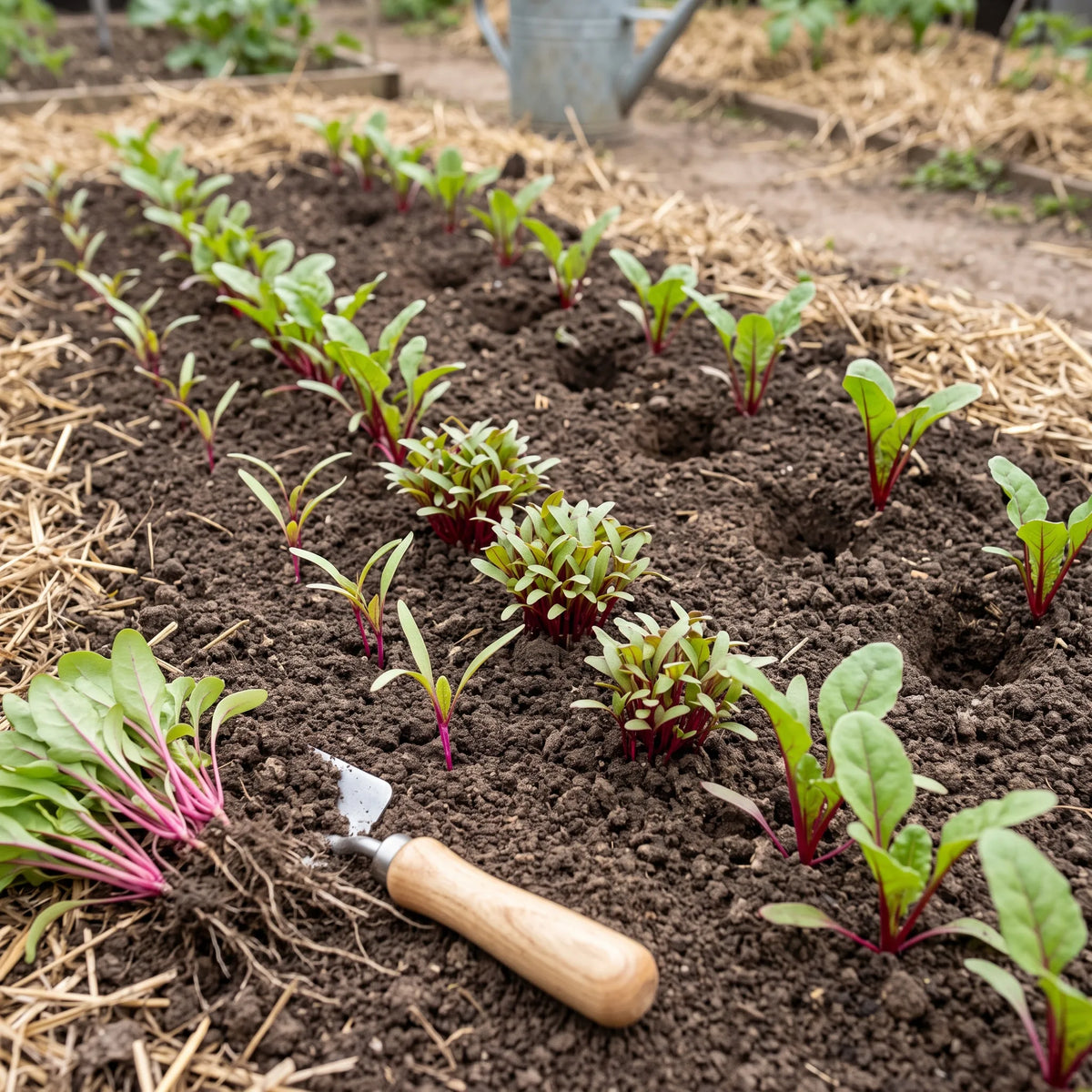 Jeunes plants de bette a carde en ligne au potager, touffes serrees a eclaircir et rang deja eclairci