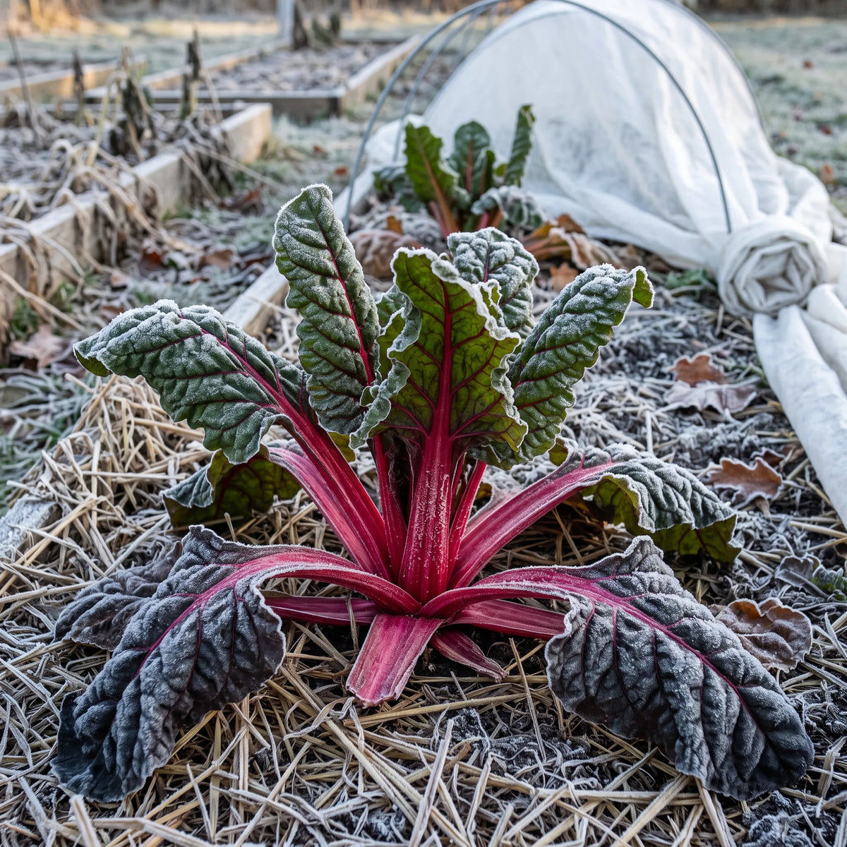 Touffe de bette a carde Rhubarbe Rouge couverte de givre par un matin d hiver, voile d hivernage releve