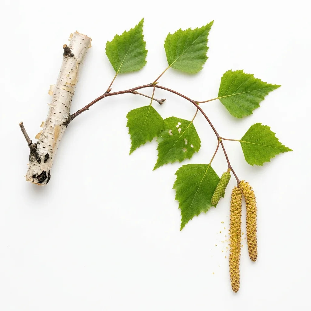 Rameau de bouleau blanc (Betula pendula) avec chatons et écorce, sur fond blanc — SemiSauvage