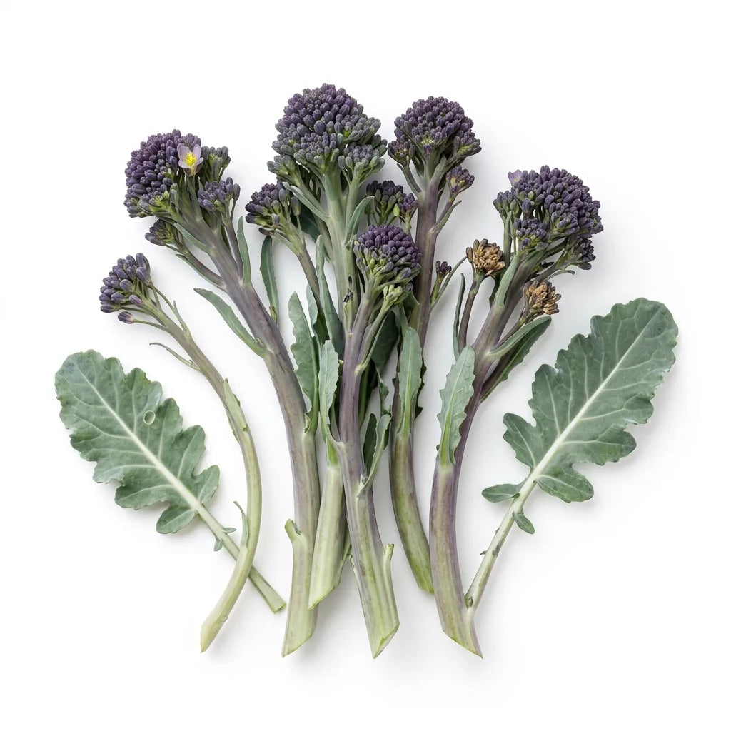 Jets de brocoli violet (Brassica oleracea var. italica) sur fond blanc — SemiSauvage