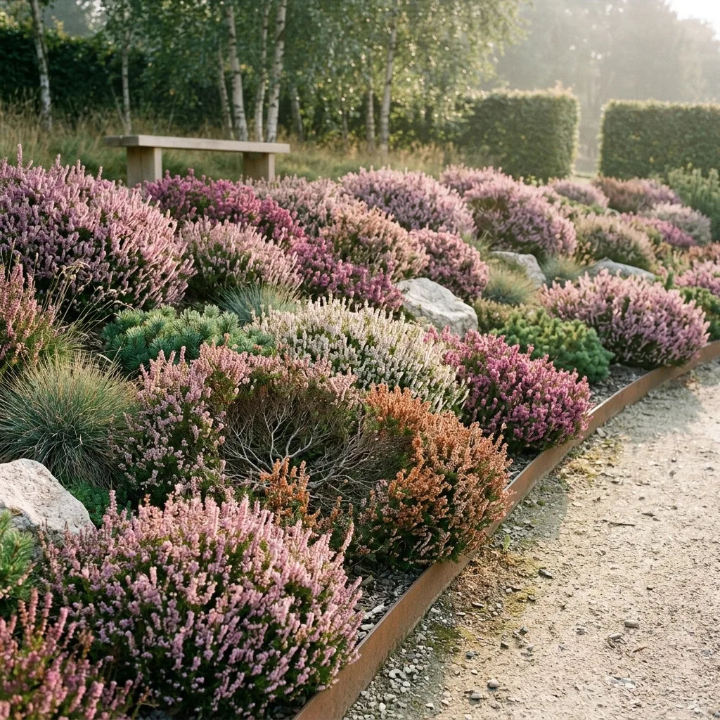 石南花(Calluna vulgaris)作为地被植物覆盖花园斜坡 — SemiSauvage