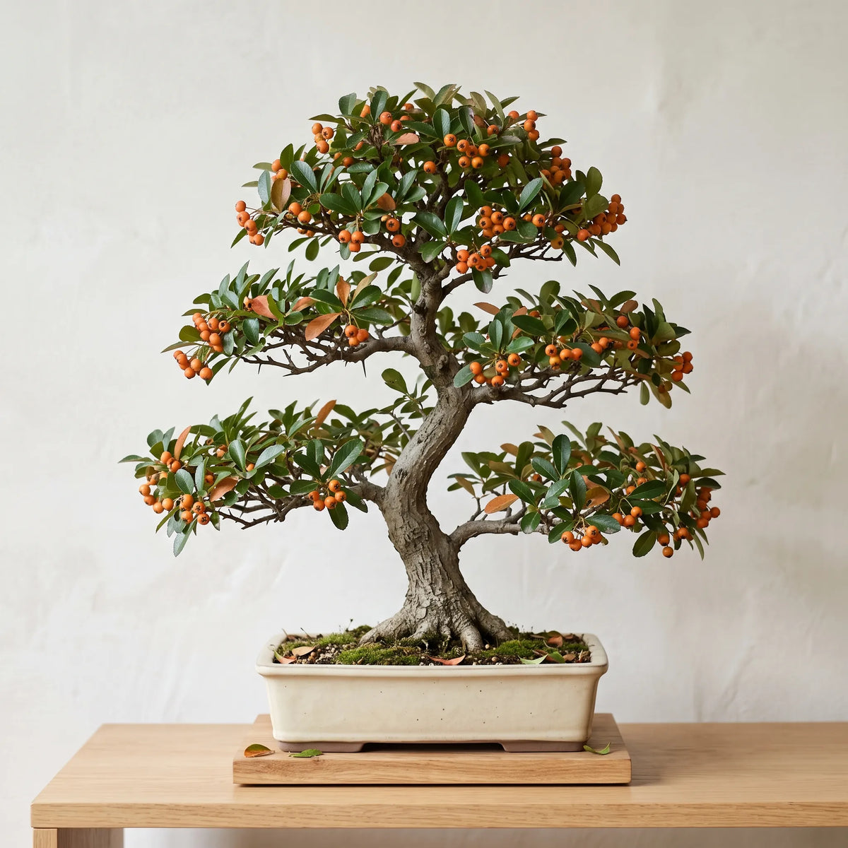Bonsai de buisson ardent en feuillage portant de petits corymbes de fruits orange