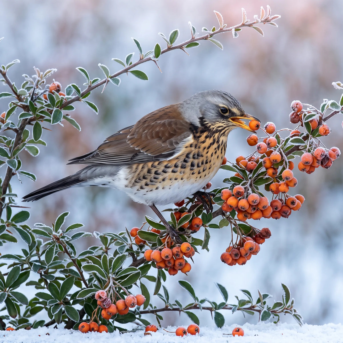 Grive litorne se nourrissant des fruits du buisson ardent par un matin de gelee blanche