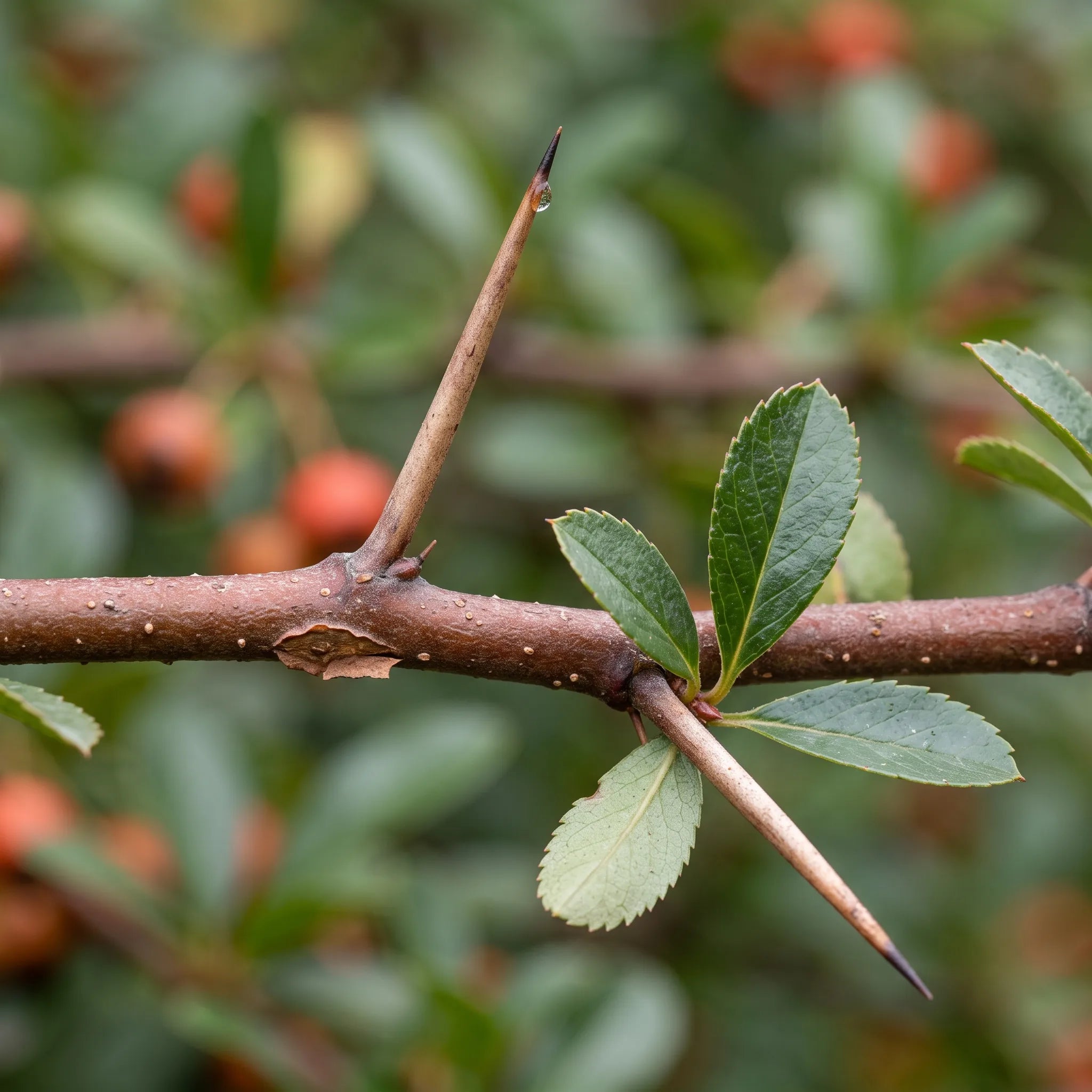 Macro d une epine acaree du buisson ardent, rameau court transforme portant deux petites feuilles
