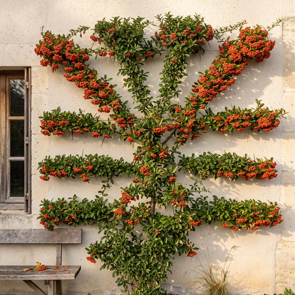 Buisson ardent palisse en eventail contre un mur de pierre claire, traînees de fruits orange
