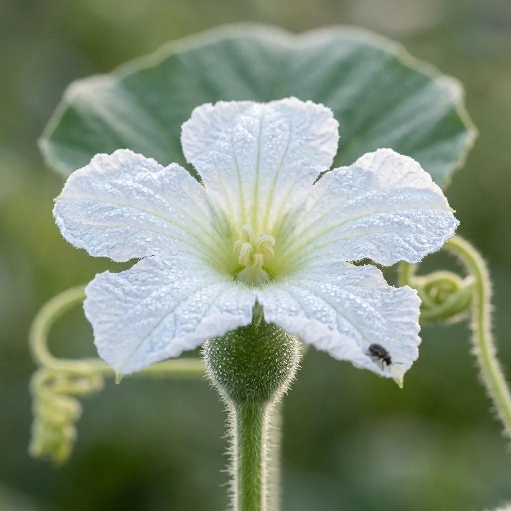 黎明时分覆满露珠的葫芦(Lagenaria siceraria)白花 — SemiSauvage