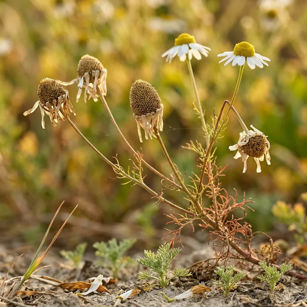 茎に付いたまま乾燥するカモミールの頭花と、こぼれ種から生えた若い苗 — SemiSauvage
