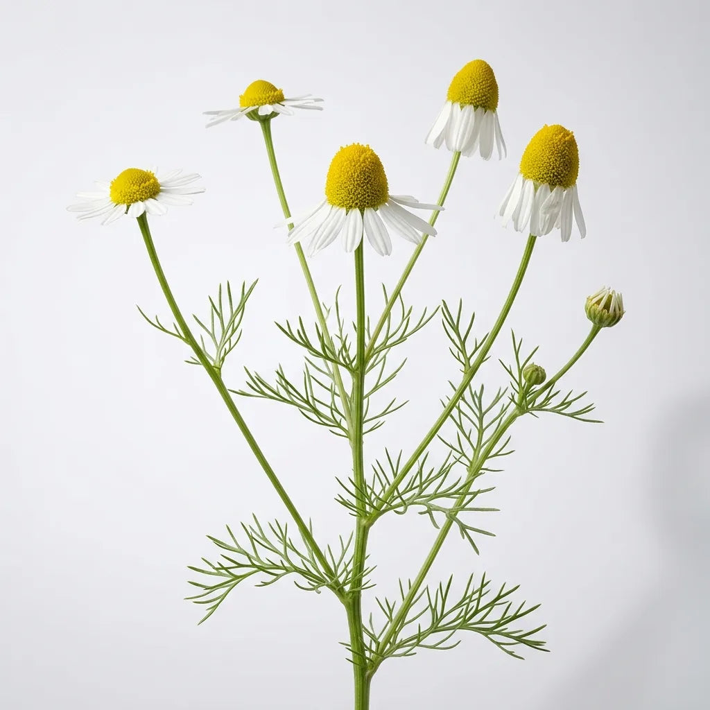 Rameau fleuri de camomille matricaire : cône jaune bombé et ligules réfléchies — SemiSauvage