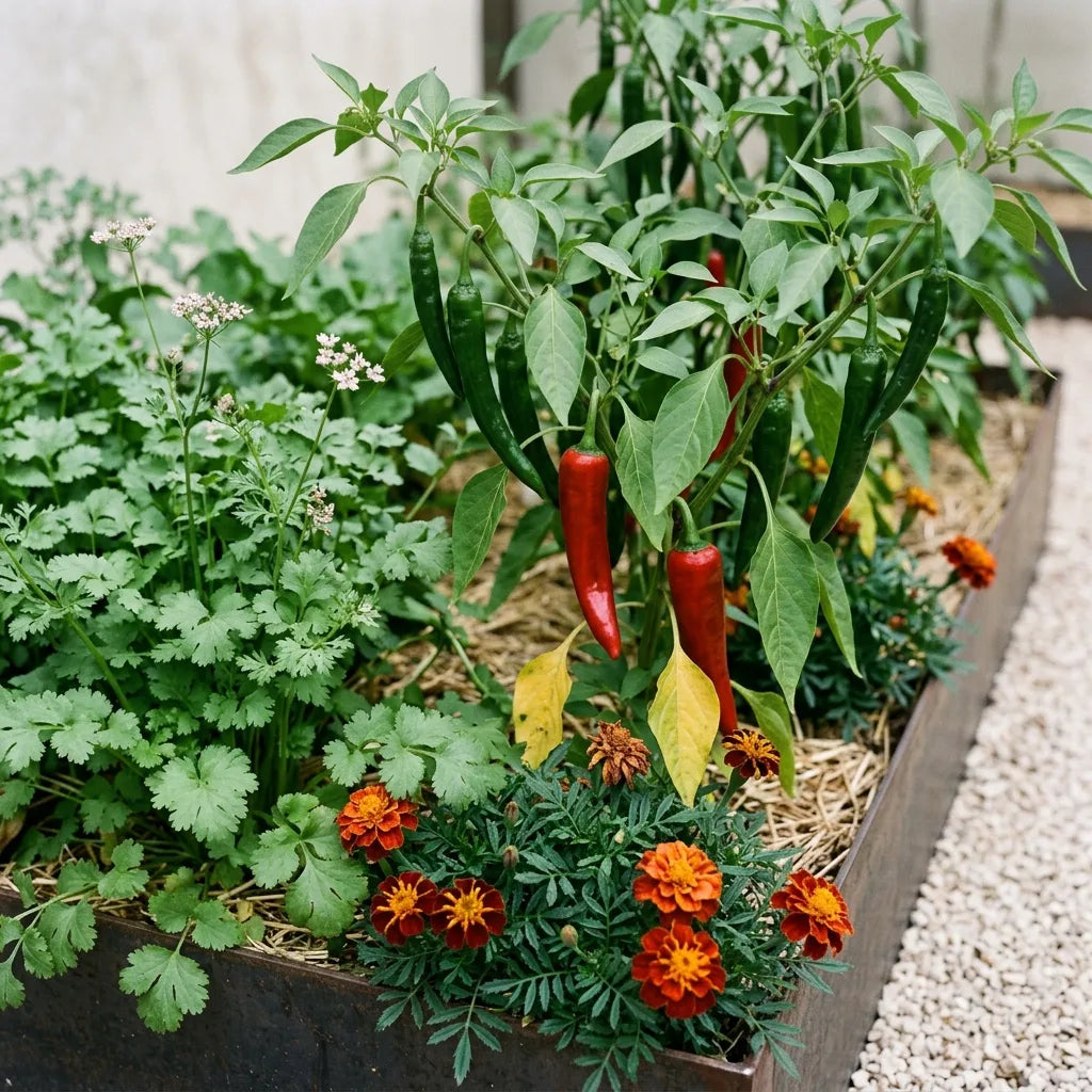 Association au potager : piment Anaheim, coriandre et œillets d'Inde en bordure de planche — SemiSauvage