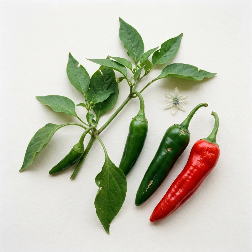 Piment Anaheim Chili (Capsicum annuum) sur fond blanc : longues cornes vertes et rouges, fleur blanche à anthères bleu-violet — SemiSauvage
