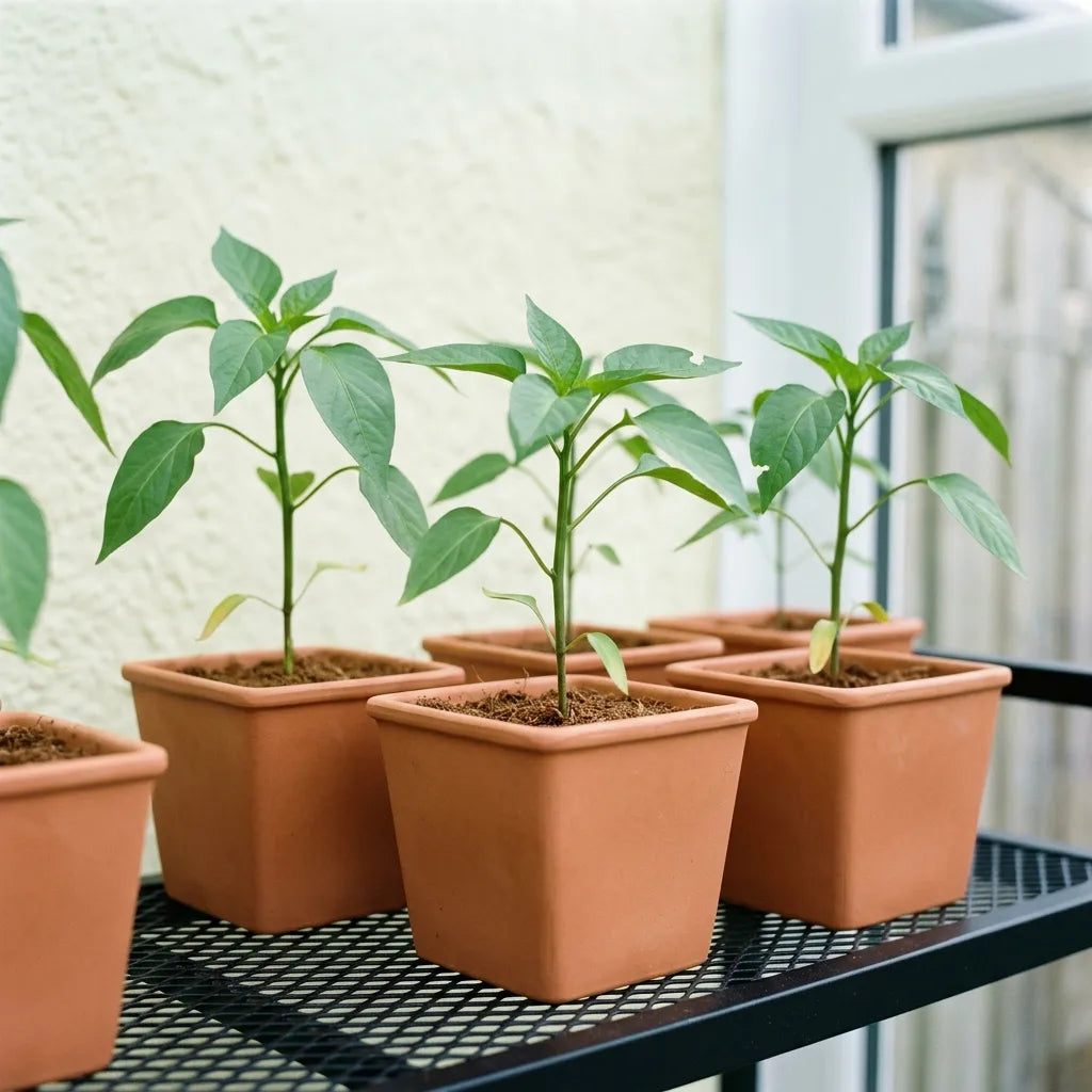 Jeunes plants de piment Anaheim au stade 4-5 feuilles en godets de terre cuite, collet non enterré — SemiSauvage