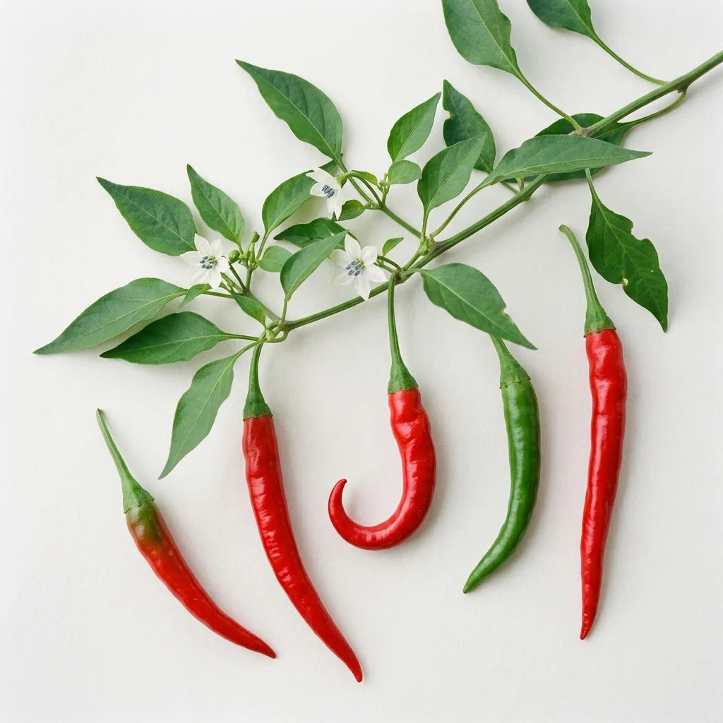 Piment de Cayenne (Capsicum annuum) sur fond blanc : fruits longs et fins rouges et verts, fleurs blanches à anthères bleu-violet — SemiSauvage