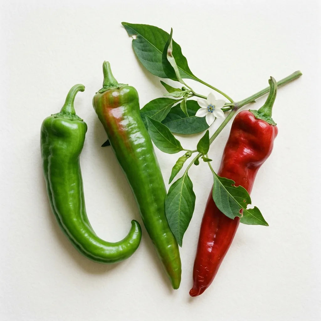 Poivron Doux Très Long des Landes (Capsicum annuum) sur fond blanc : fruits verts et rouge vif et fleur à anthères bleu-violet — SemiSauvage