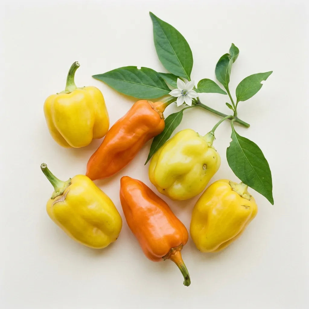 Poivron Petit Marseillais (Capsicum annuum) sur fond blanc : petits fruits jaunes et orangés de forme irrégulière — SemiSauvage