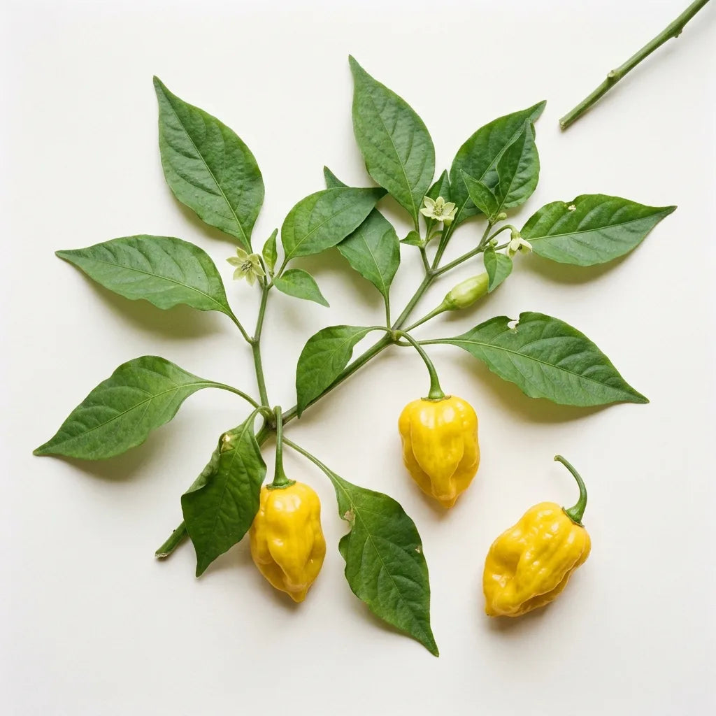 Piment Habanero Citron (Capsicum chinense) sur fond blanc : rameau portant des fruits jaune citron en lanterne ridée — SemiSauvage
