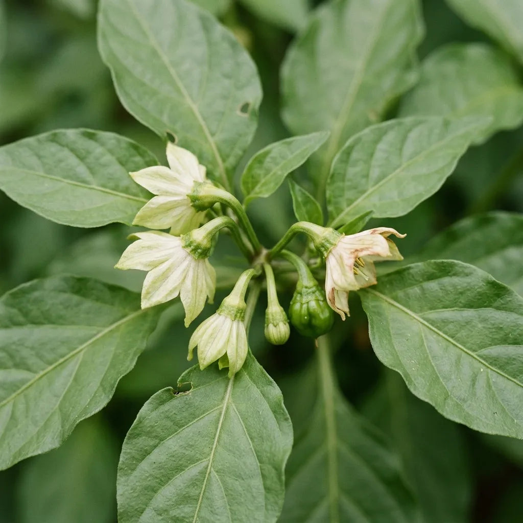Macro d'un nœud fleuri de Capsicum chinense : trois fleurs blanc crème verdâtre groupées au même nœud — SemiSauvage
