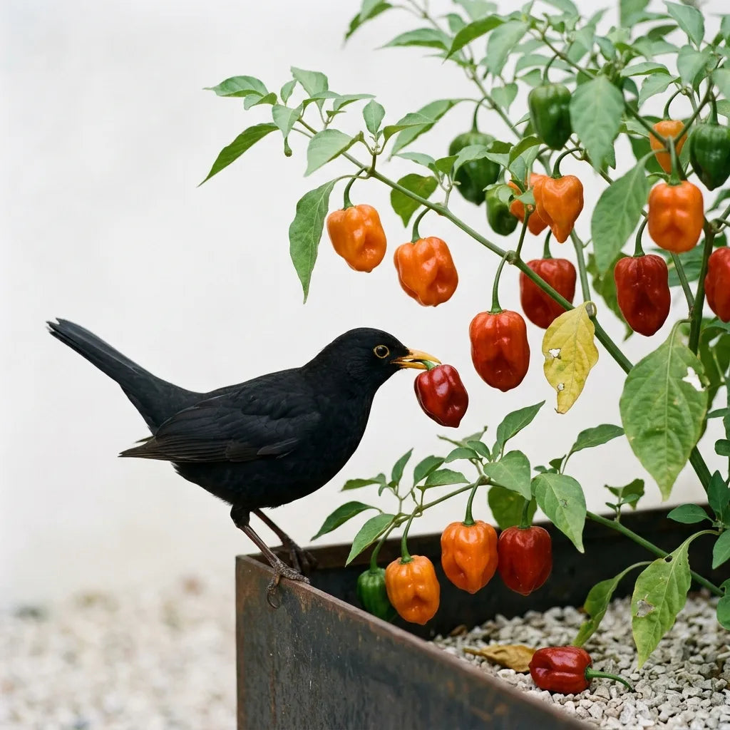 Merle noir saisissant un piment antillais rouge : les oiseaux, insensibles à la capsaïcine, dispersent les graines — SemiSauvage