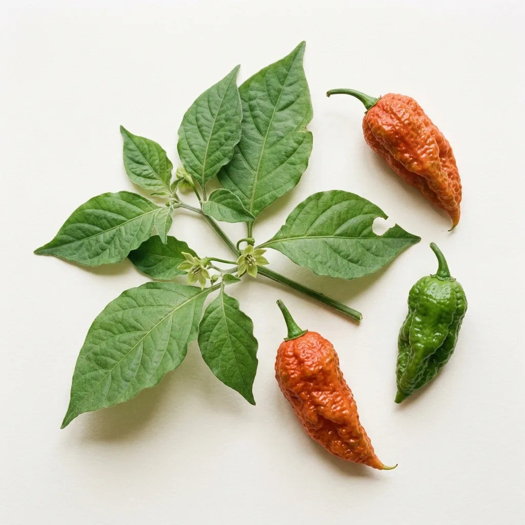 Piment Bhut Jolokia (Capsicum chinense) sur fond blanc : fruits rouge orangé à peau ridée et rameau fleuri — SemiSauvage