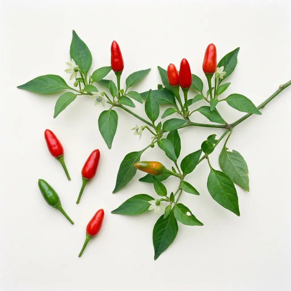 Piment oiseau (Capsicum frutescens) sur fond blanc : petits fruits dressés rouges et verts et fleurs blanc verdâtre — SemiSauvage