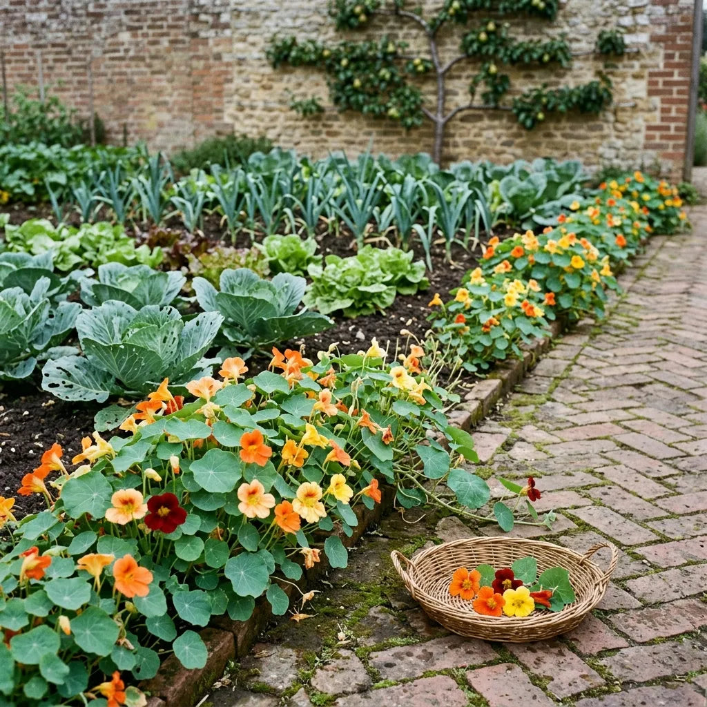 Bordure comestible de capucines devant les légumes d'un potager clos — SemiSauvage