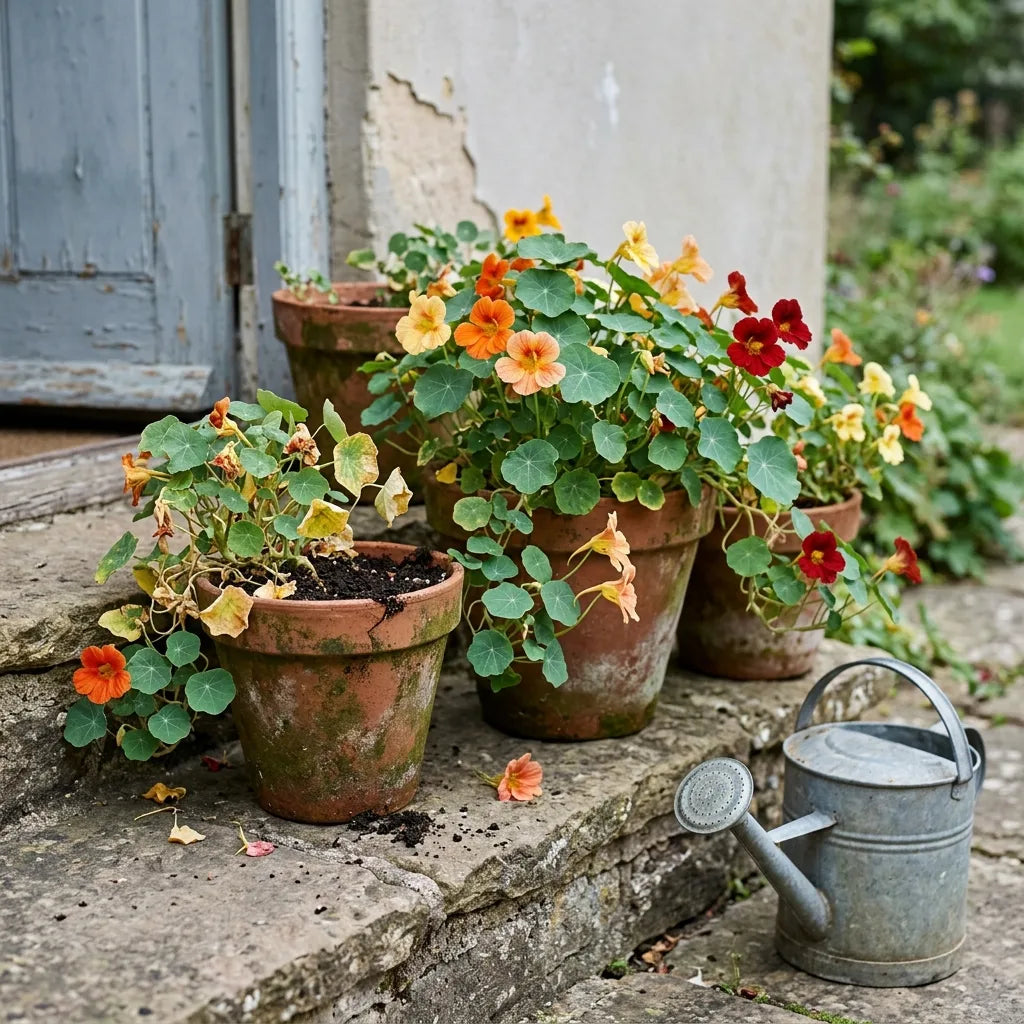 Capucines naines en pots de terre cuite sur des marches de pierre — SemiSauvage