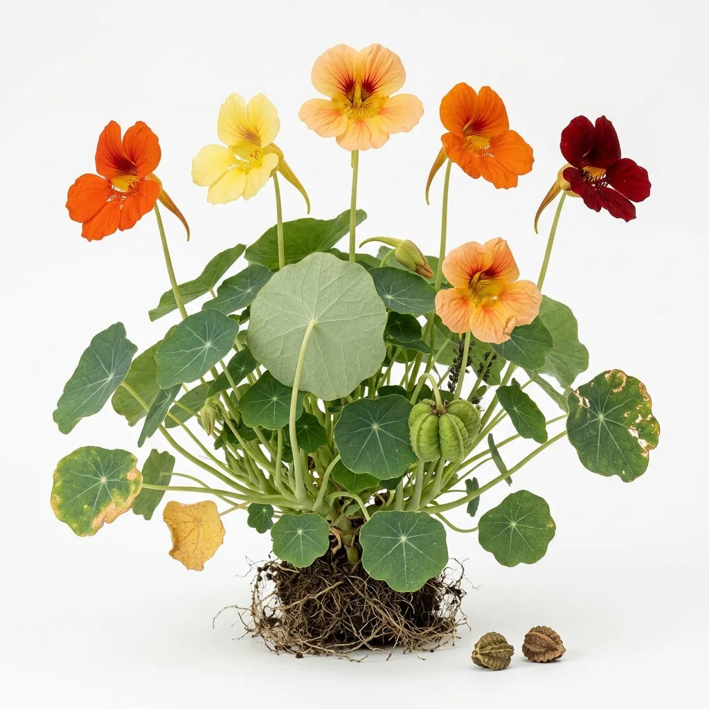 Plante entière de capucine naine (Tropaeolum minus) aux coloris mêlés, sur fond blanc — SemiSauvage