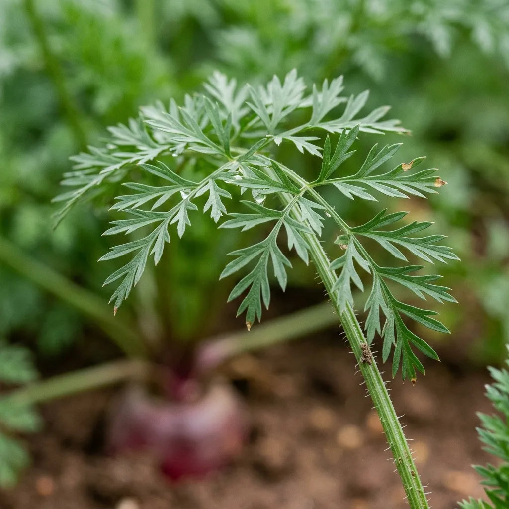 Feuille de carotte : limbe trois fois découpé en segments plats et pointus, sur un pétiole cannelé et poilu — SemiSauvage